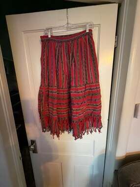 El Huarache Vintage Guatemalan Cotton Red Stripe Tiered Fringe Midi Skirt